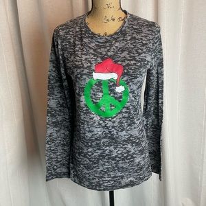 Allen Allen Black Space Dye Peace Sign Santa Hat Long Sleeve Tee Women’s Large